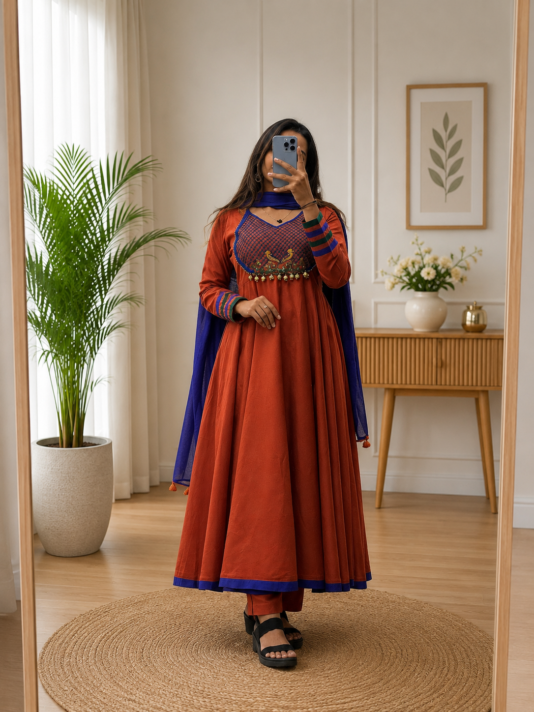 Rust Orange Kalamkari Work Cotton Anarkali Pent Set with Royal Blue Dupatta for Women