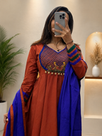 Rust Orange Kalamkari Work Cotton Anarkali Pent Set with Royal Blue Dupatta for Women