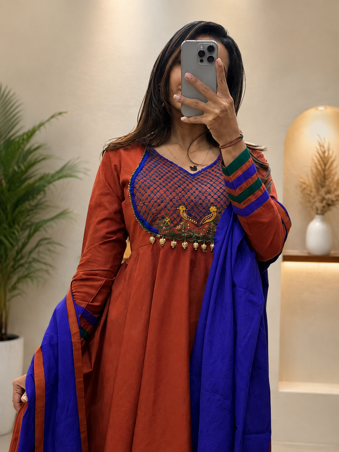 Rust Orange Kalamkari Work Cotton Anarkali Pent Set with Royal Blue Dupatta for Women