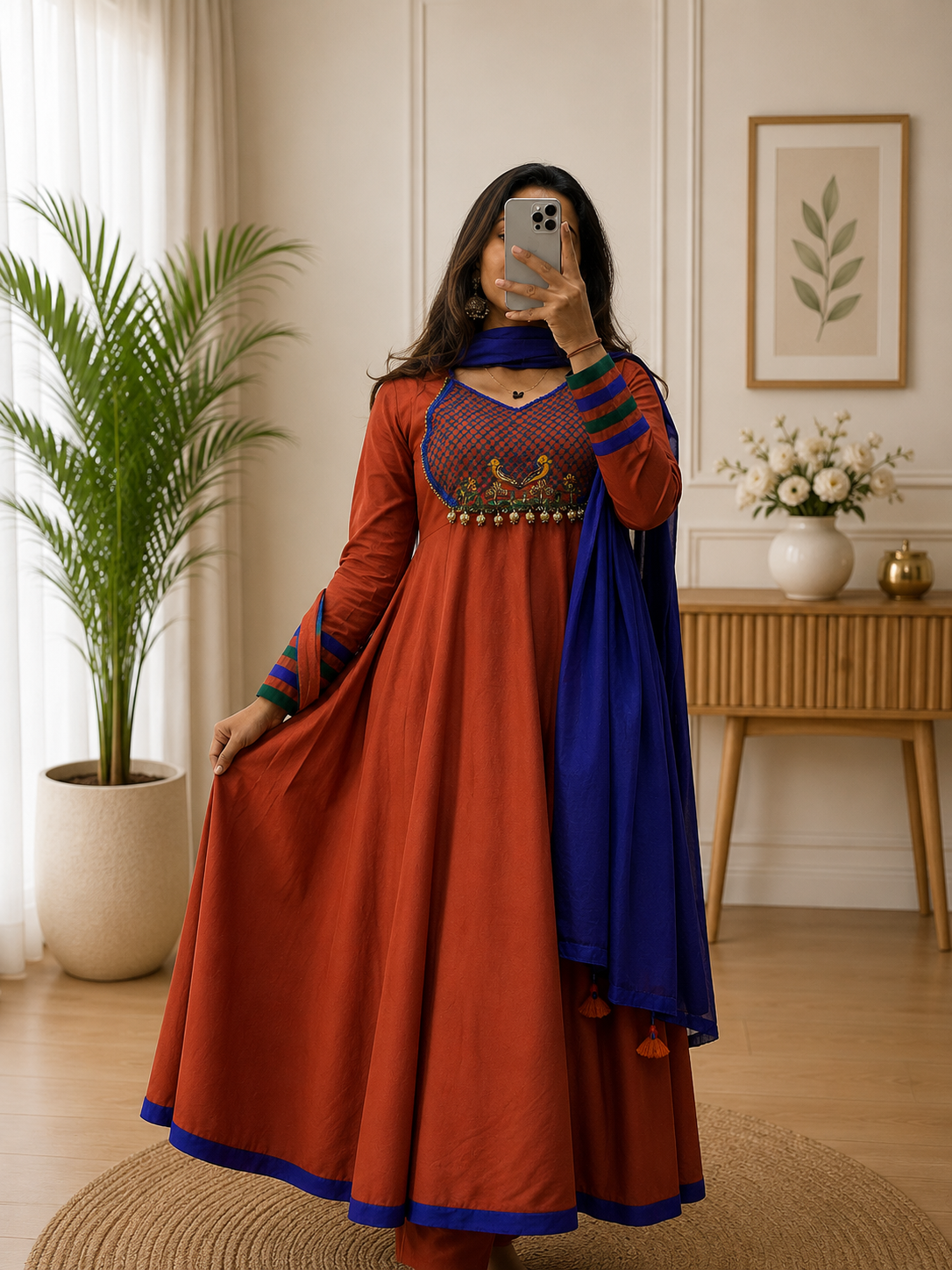 Rust Orange Kalamkari Work Cotton Anarkali Pent Set with Royal Blue Dupatta for Women