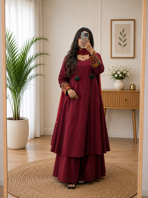 Maroon Cotton Kurta Set with Heritage Handwork Sleeves & Rust Dupatta for Women