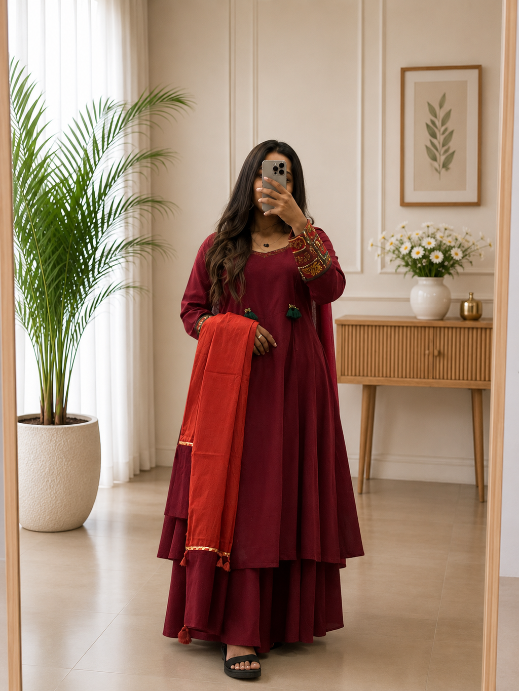 Maroon Cotton Kurta Set with Heritage Handwork Sleeves & Rust Dupatta for Women