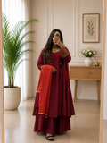 Maroon Cotton Kurta Set with Heritage Handwork Sleeves & Rust Dupatta for Women