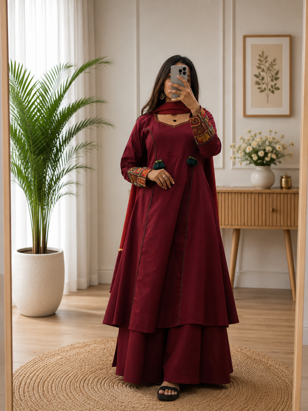 Maroon Cotton Kurta Set with Heritage Handwork Sleeves & Rust Dupatta for Women