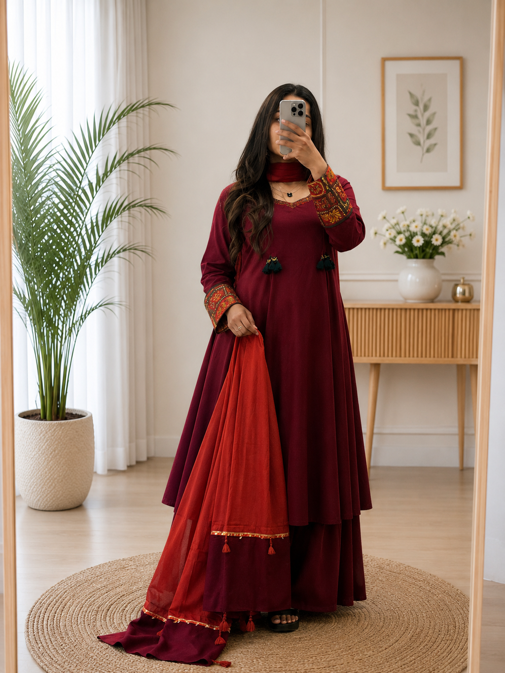 Maroon Cotton Kurta Set with Heritage Handwork Sleeves & Rust Dupatta for Women