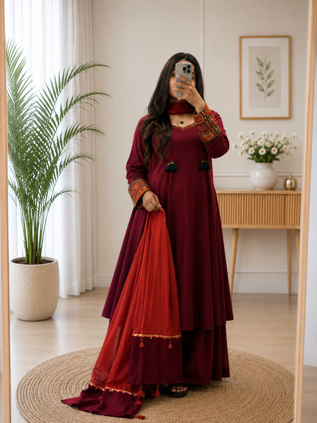 Maroon Cotton Kurta Set with Heritage Handwork Sleeves & Rust Dupatta for Women