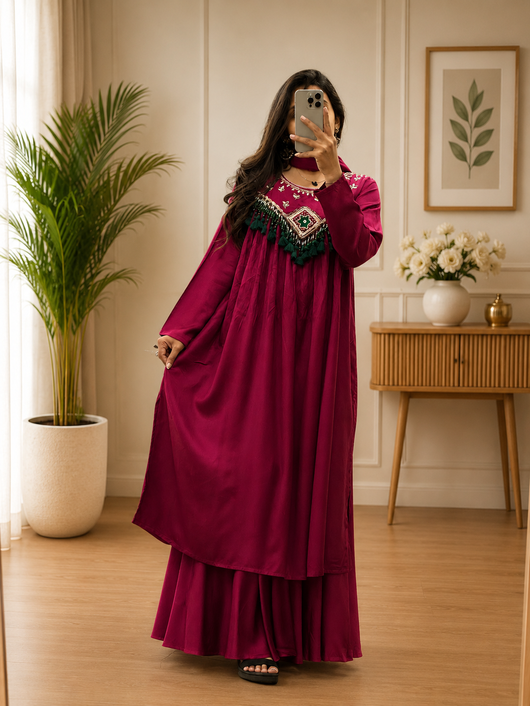 Magenta Cotton Western Look Kurta Set with Palazzo & Dupatta for Women