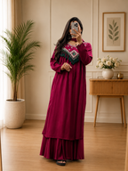 Magenta Cotton Western Look Kurta Set with Palazzo & Dupatta for Women