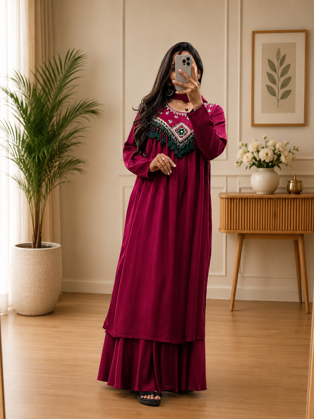 Magenta Cotton Western Look Kurta Set with Palazzo & Dupatta for Women