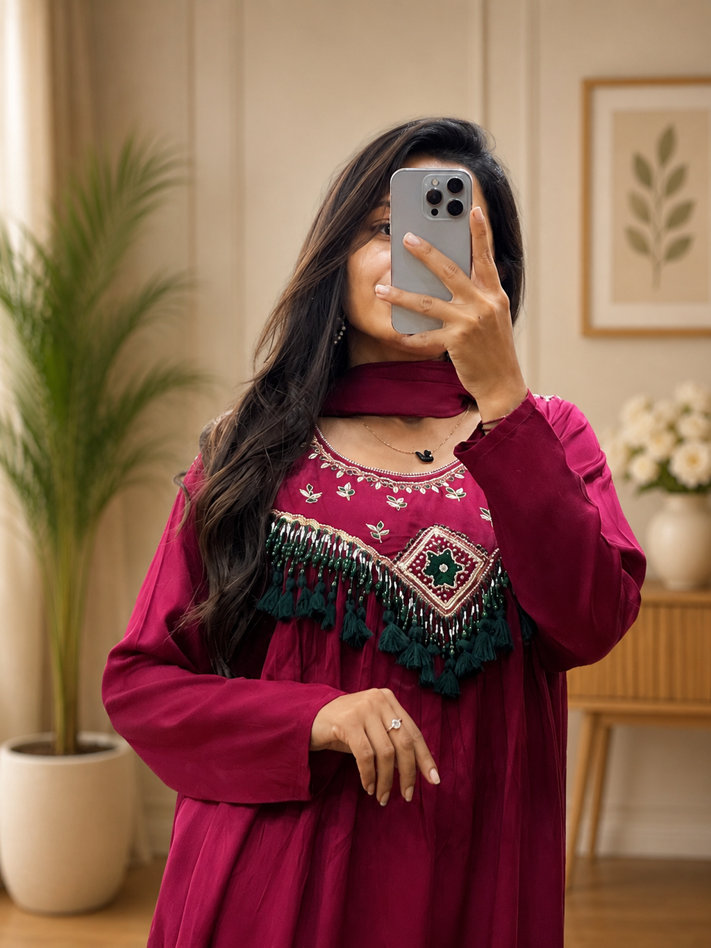 Magenta Cotton Western Look Kurta Set with Palazzo & Dupatta for Women