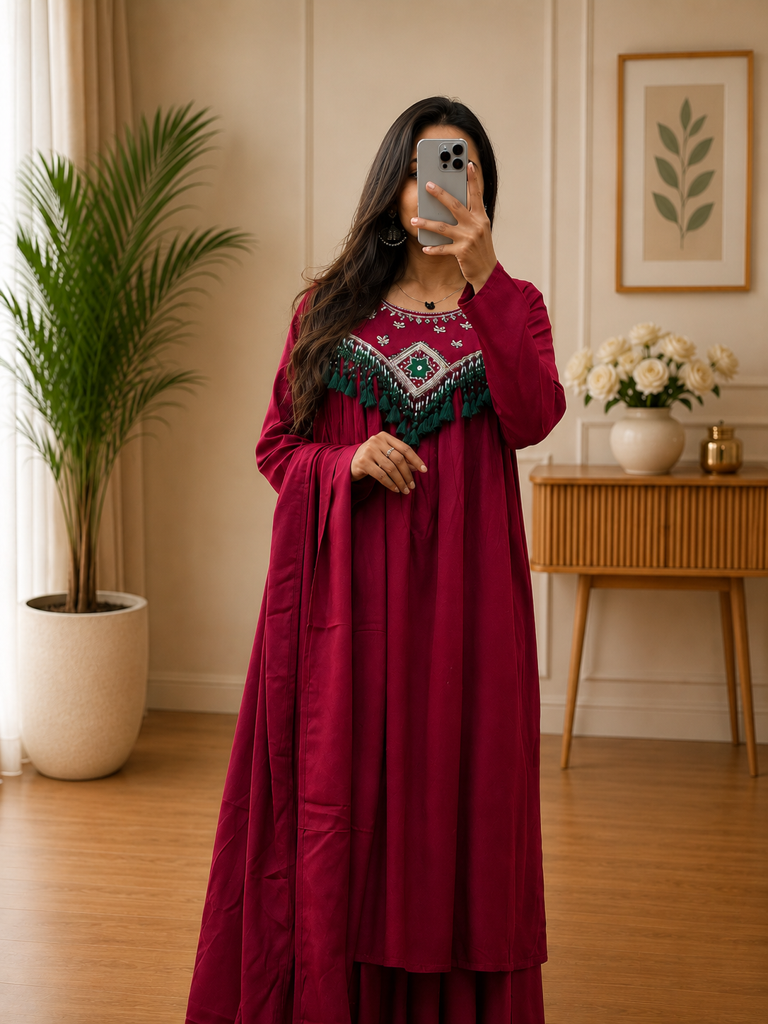 Magenta Cotton Western Look Kurta Set with Palazzo & Dupatta for Women