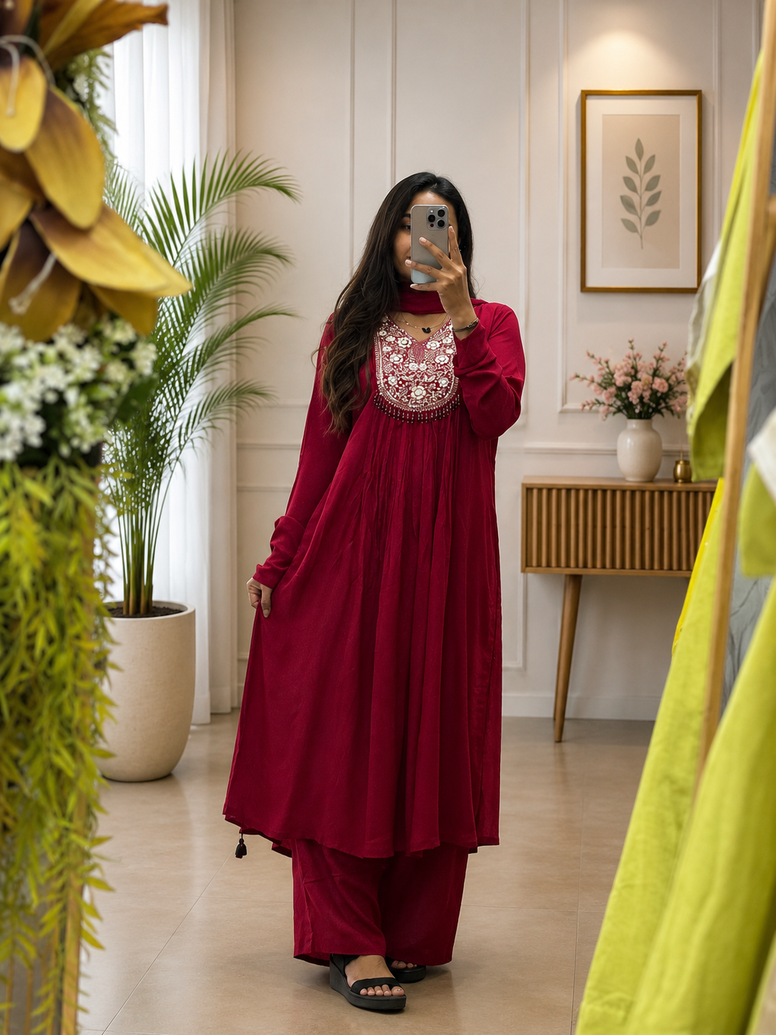 Wine Red A-Line Cotton Anarkali Pant Set Dupatta With hand-beaded embroidery for Women