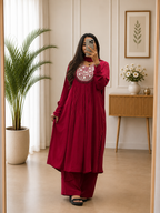 Wine Red A-Line Cotton Anarkali Pant Set Dupatta With hand-beaded embroidery for Women