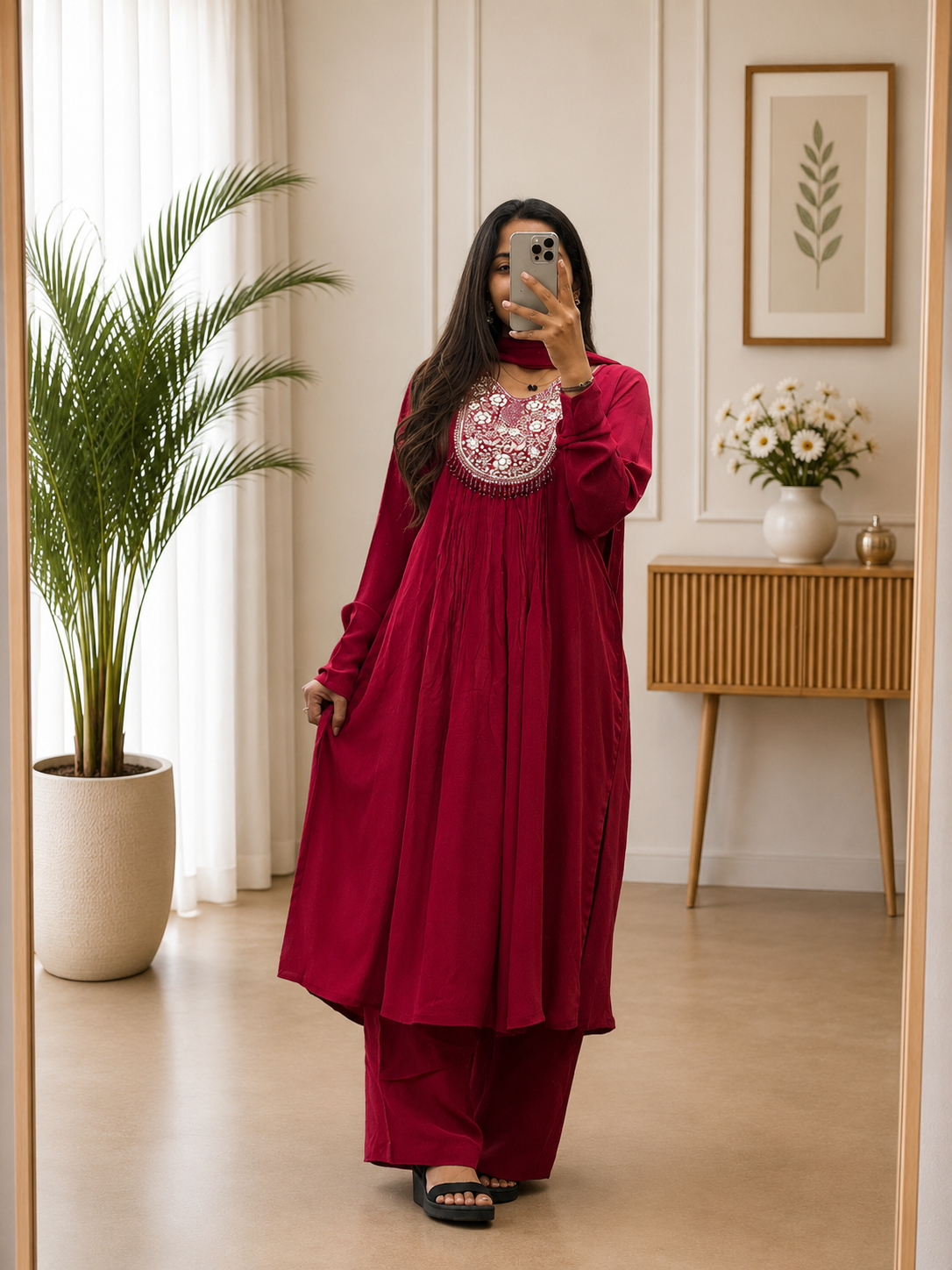 Wine Red A-Line Cotton Anarkali Pant Set Dupatta With hand-beaded embroidery for Women