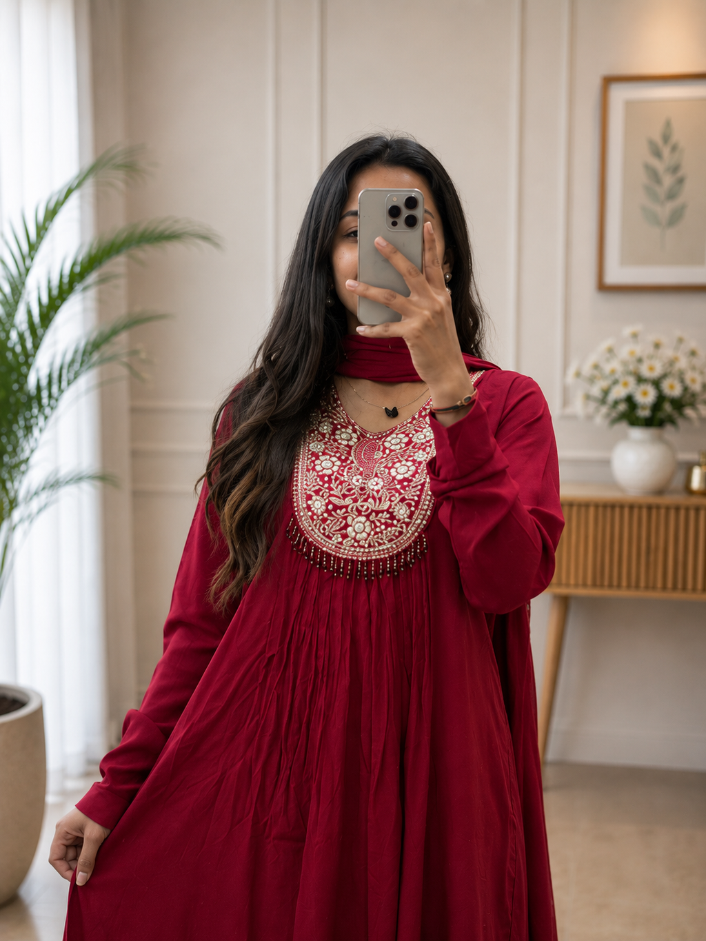 Wine Red A-Line Cotton Anarkali Pant Set Dupatta With hand-beaded embroidery for Women