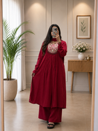 Wine Red A-Line Cotton Anarkali Pant Set Dupatta With hand-beaded embroidery for Women