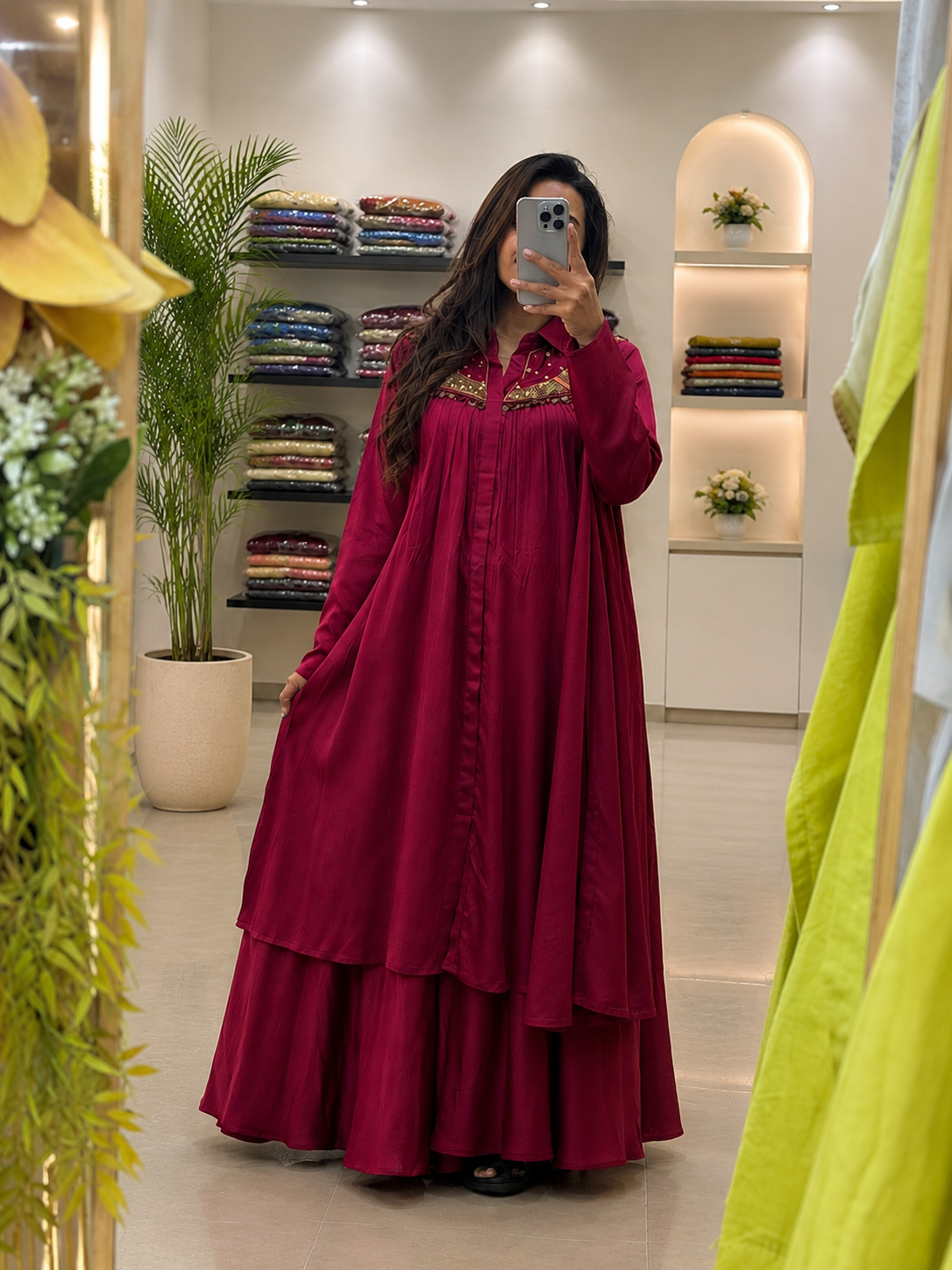 Wine Western Look Gaji Silk Anarkali Kurta Plazo Set with Metal HandWork for Women