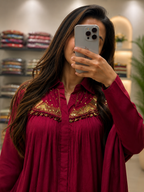 Wine Western Look Gaji Silk Anarkali Kurta Plazo Set with Metal HandWork for Women