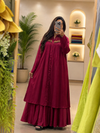 Wine Western Look Gaji Silk Anarkali Kurta Plazo Set with Metal HandWork for Women
