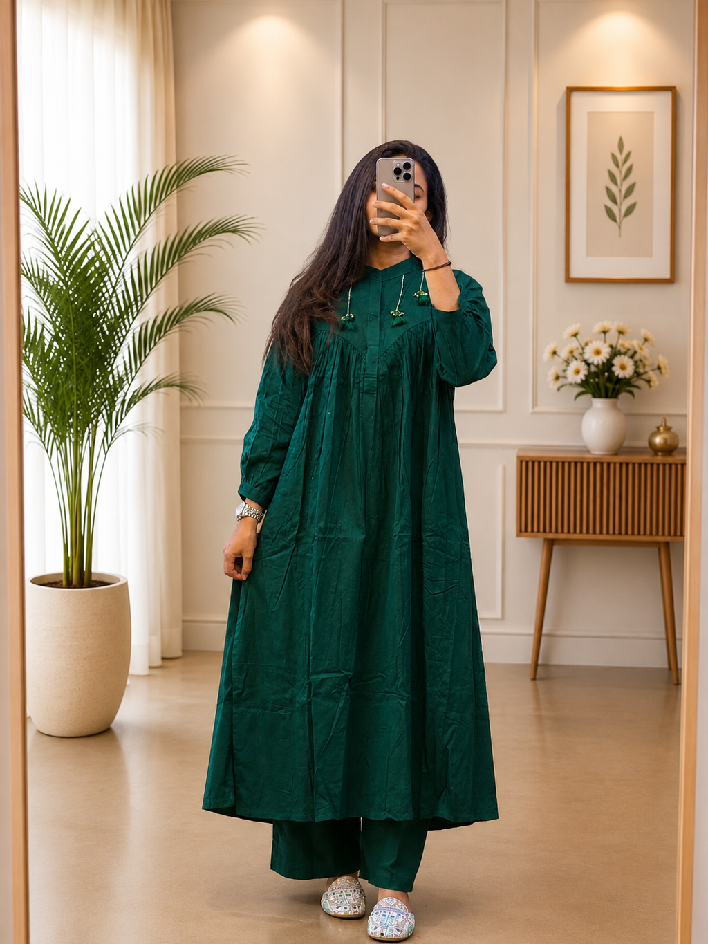 Emerald Green Cotton A-Line Kurta Plazo Set With HandWork Tassles Look for Women
