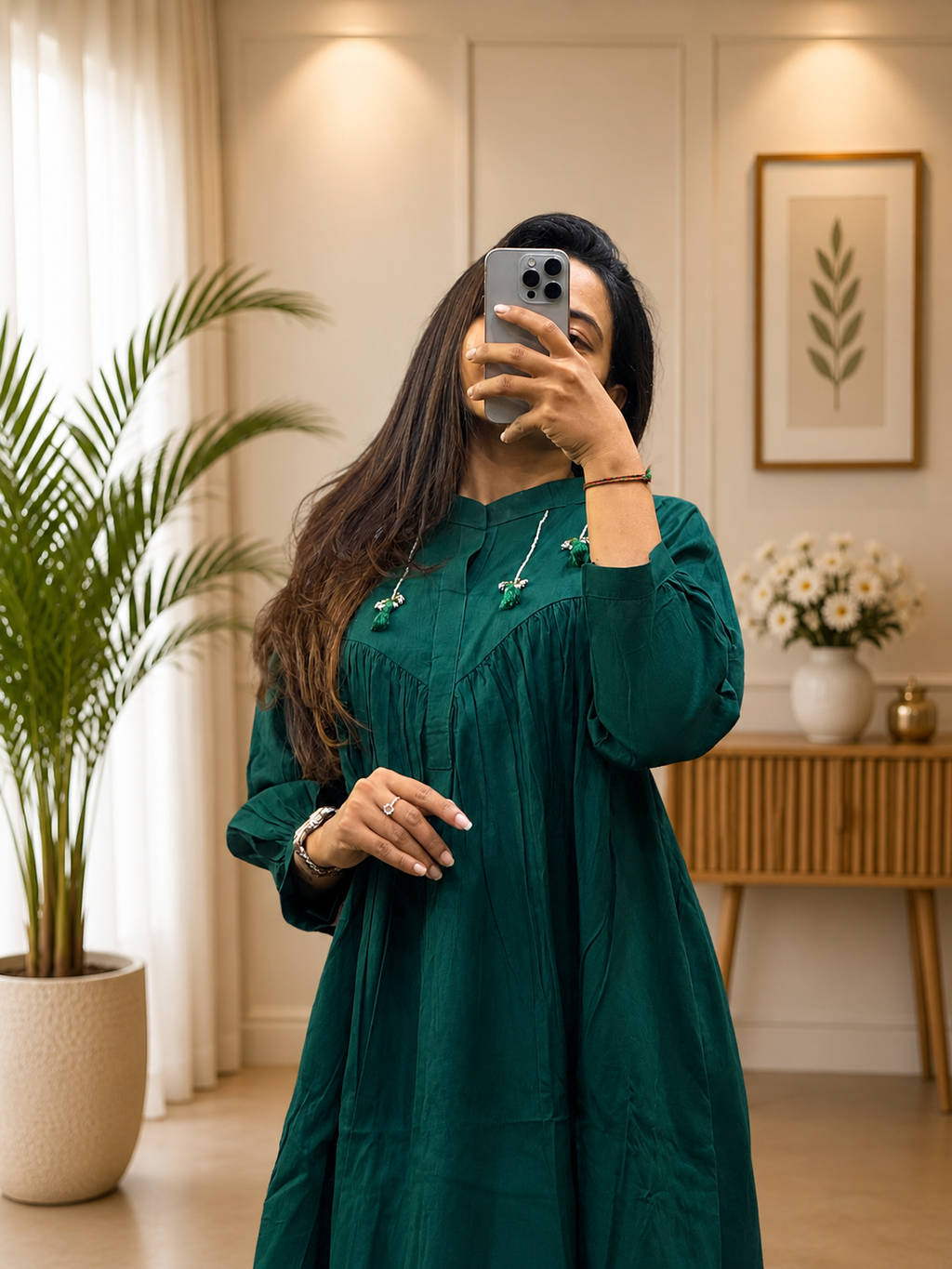 Emerald Green Cotton A-Line Kurta Plazo Set With HandWork Tassles Look for Women