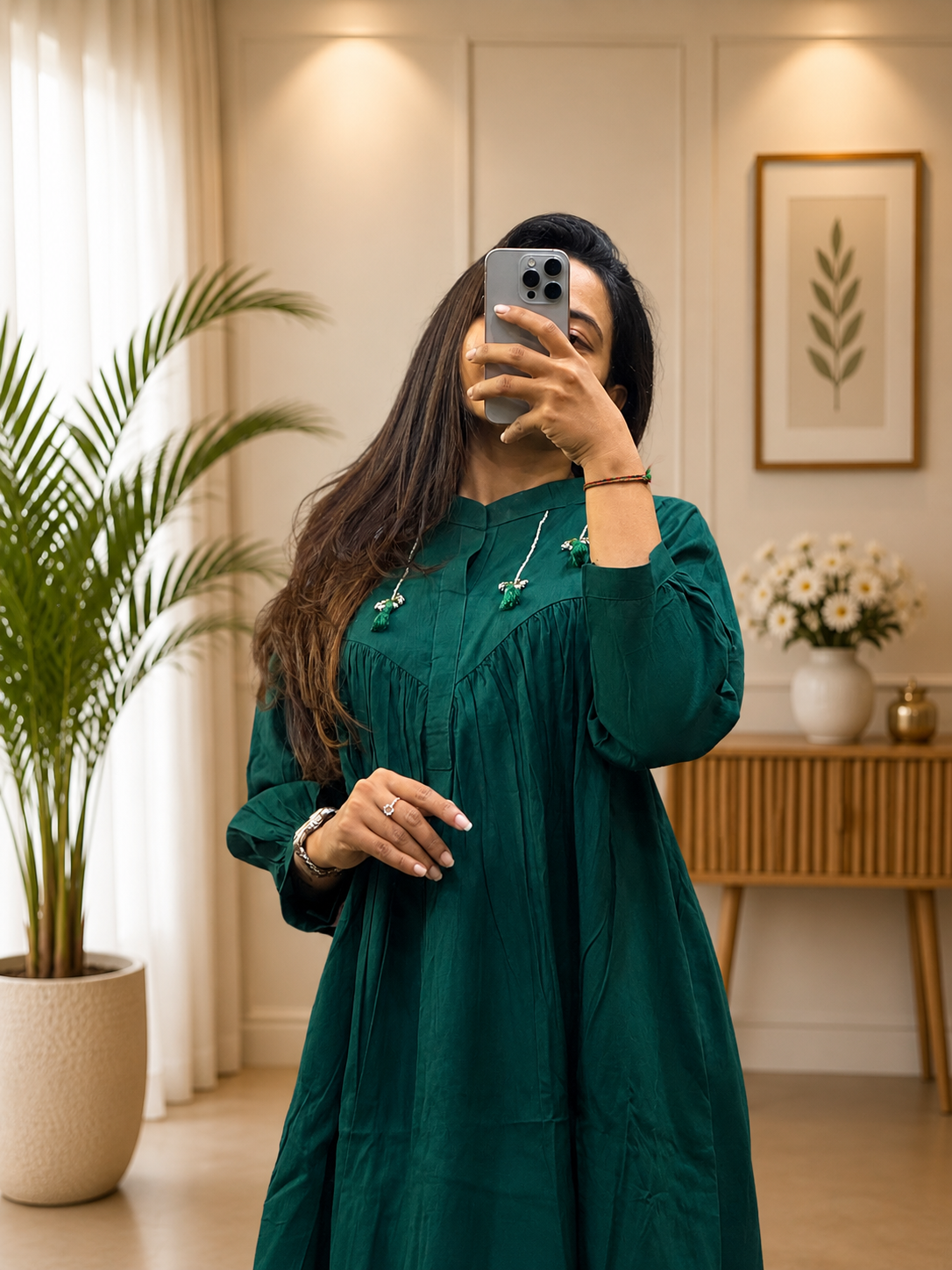 Emerald Green Cotton A-Line Kurta Plazo Set With HandWork Tassles Look for Women