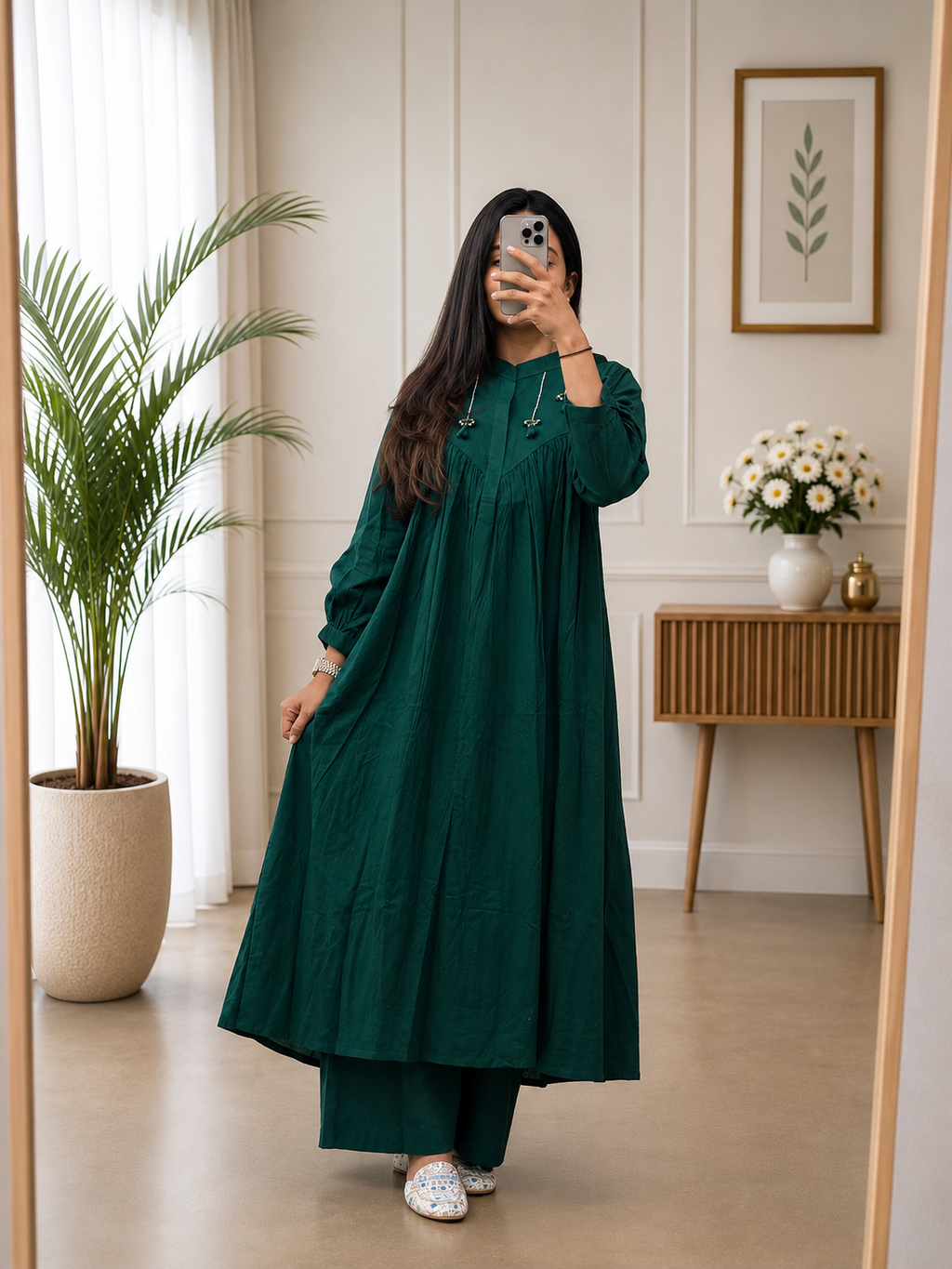 Emerald Green Cotton A-Line Kurta Plazo Set With HandWork Tassles Look for Women
