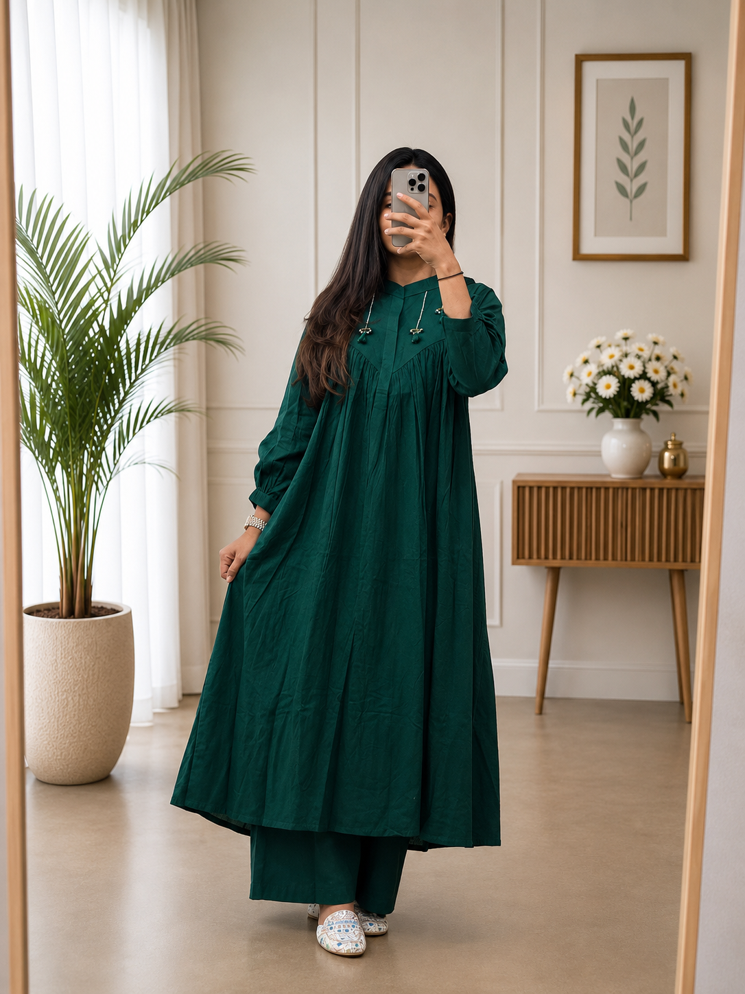 Emerald Green Cotton A-Line Kurta Plazo Set With HandWork Tassles Look for Women