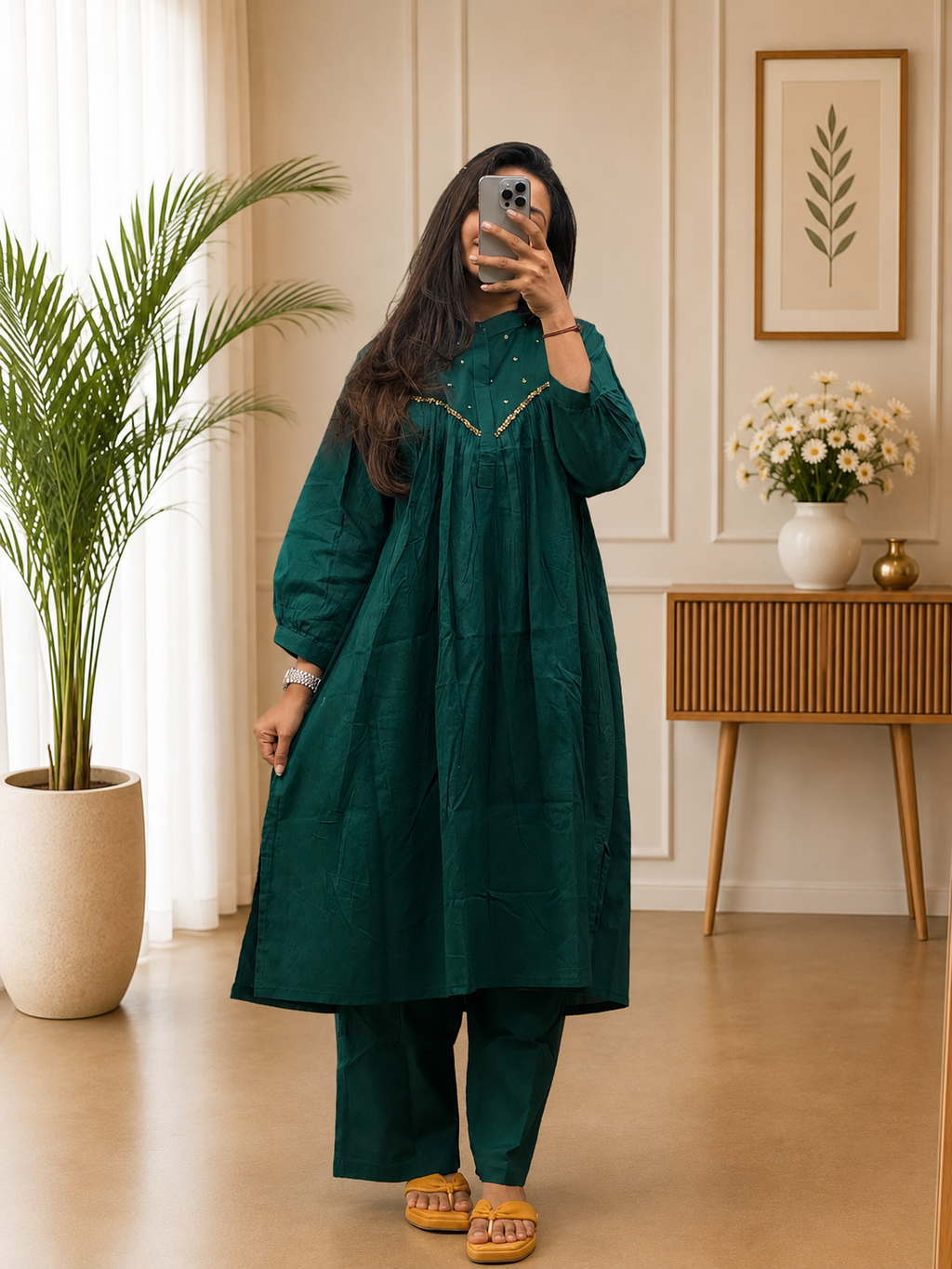Emerald Green Cotton A-Line  Kurti Plazo Set With HandWork for Women