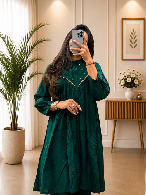Emerald Green Cotton A-Line  Kurti Plazo Set With HandWork for Women