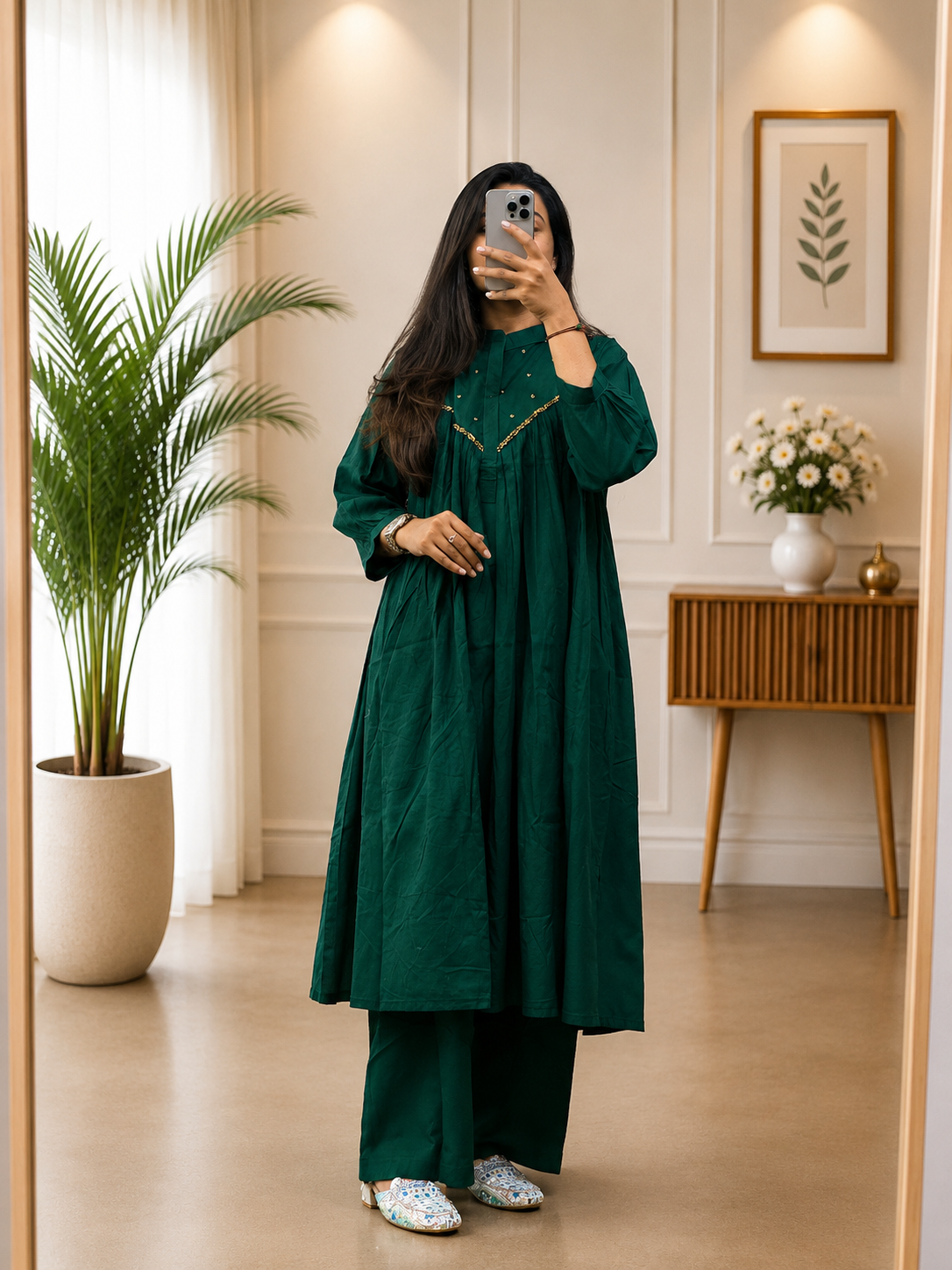Emerald Green Cotton A-Line  Kurti Plazo Set With HandWork for Women