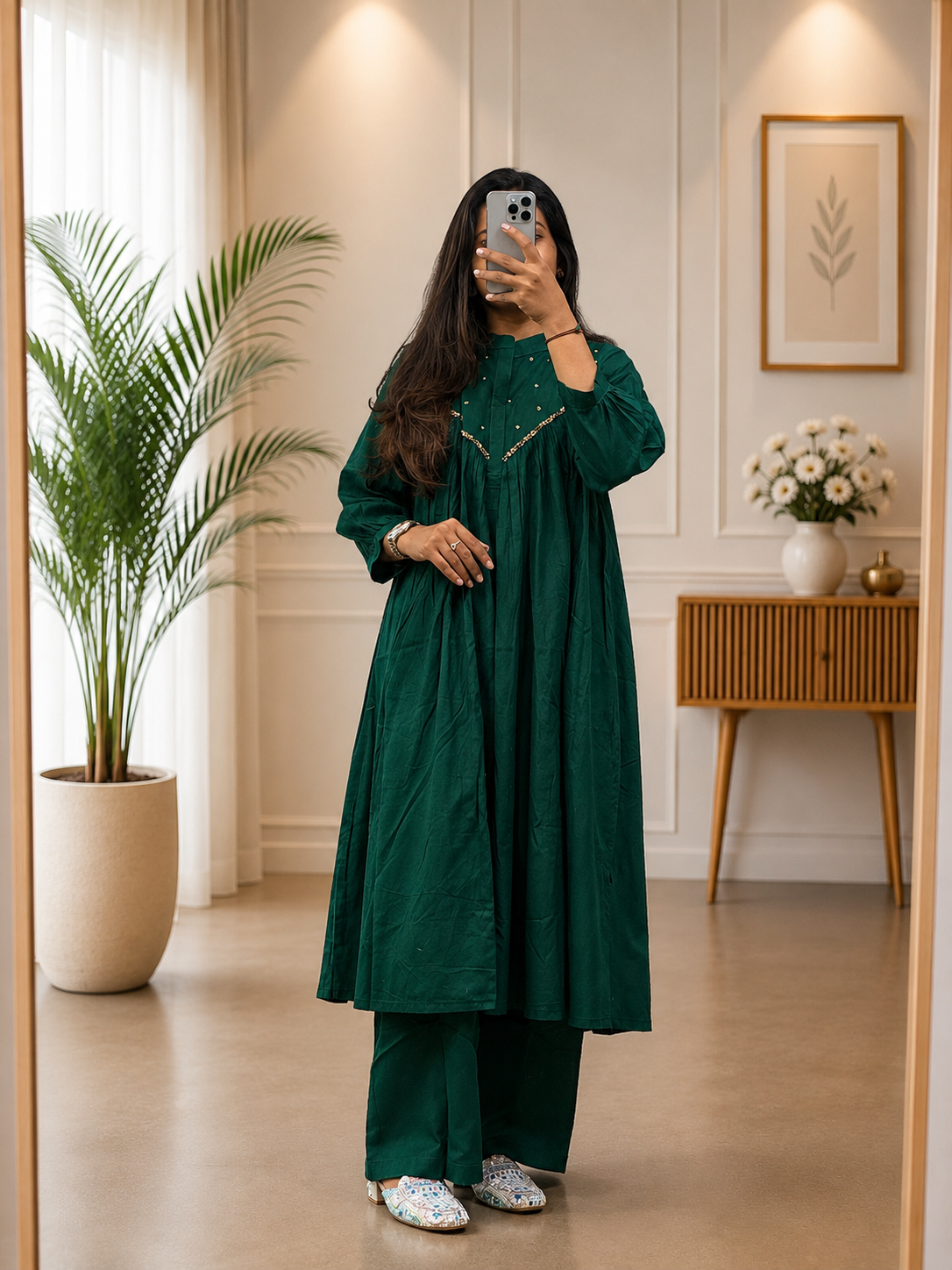 Emerald Green Cotton A-Line  Kurti Plazo Set With HandWork for Women