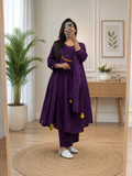 Purple Cotton A-Line Kurta Plazo Duppata Set with Tassles Look for Women