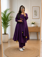 Purple Cotton A-Line Kurta Plazo Duppata Set with Tassles Look for Women