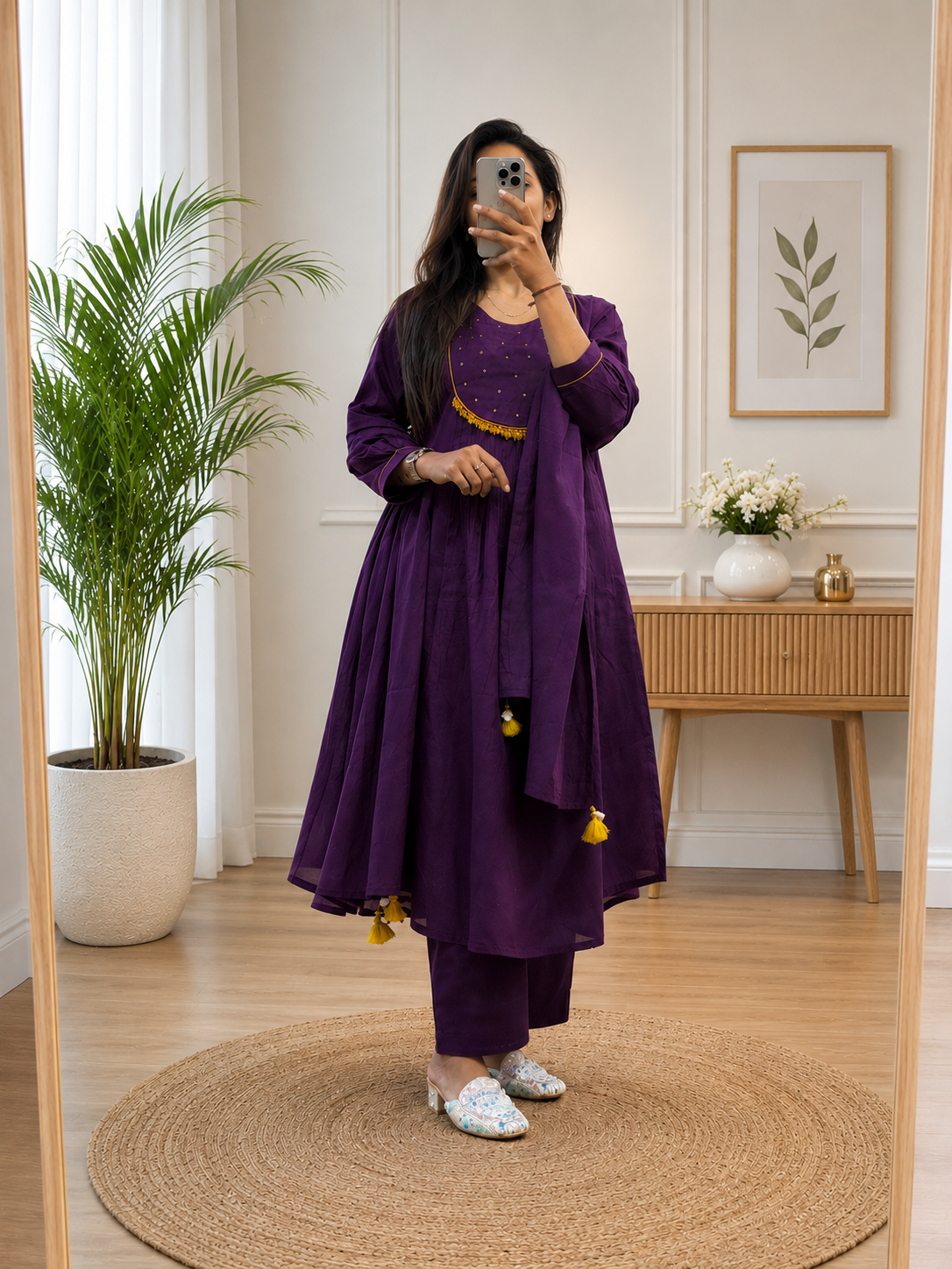 Purple Cotton A-Line Kurta Plazo Duppata Set with Tassles Look for Women