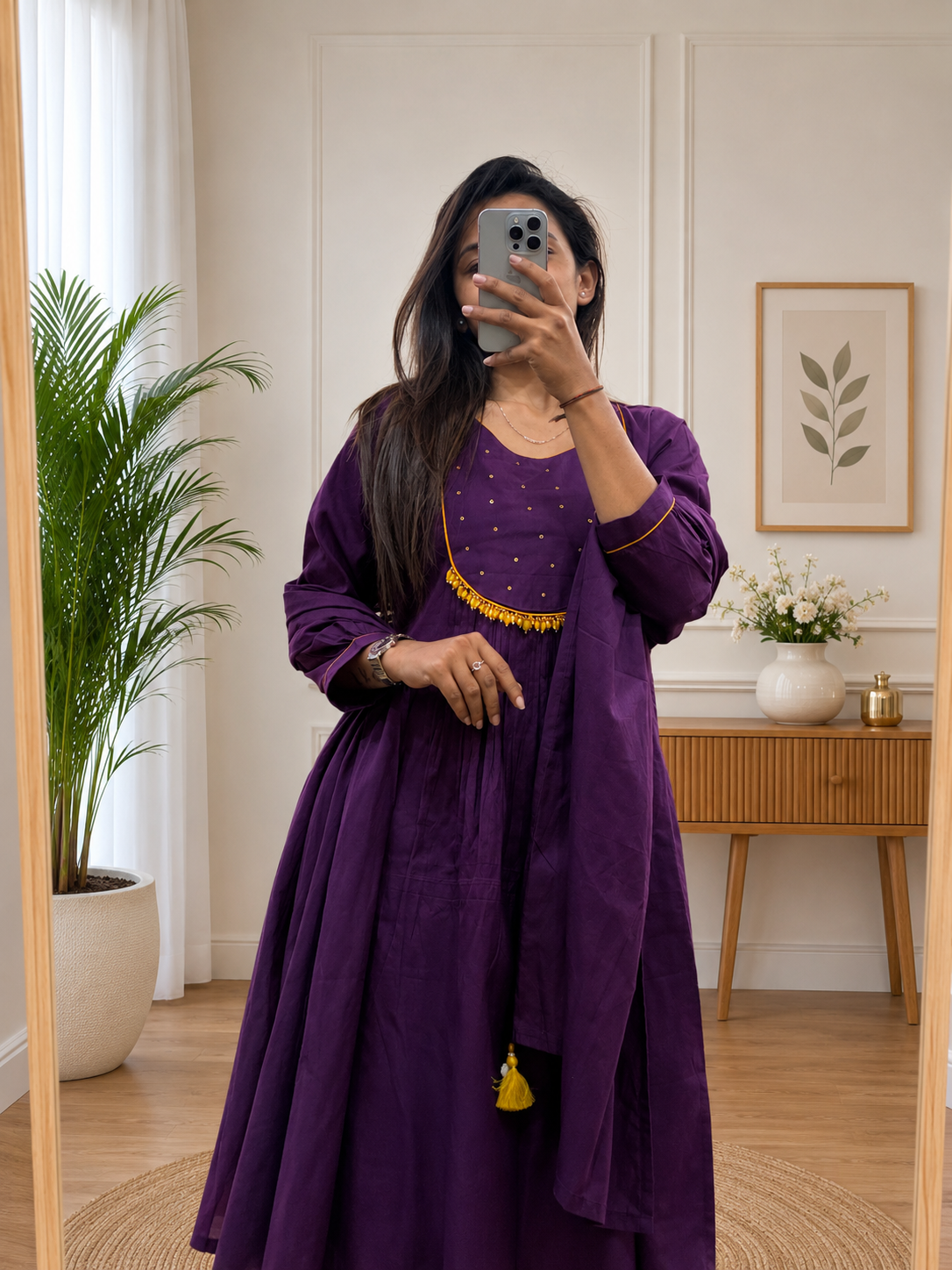 Purple Cotton A-Line Kurta Plazo Duppata Set with Tassles Look for Women