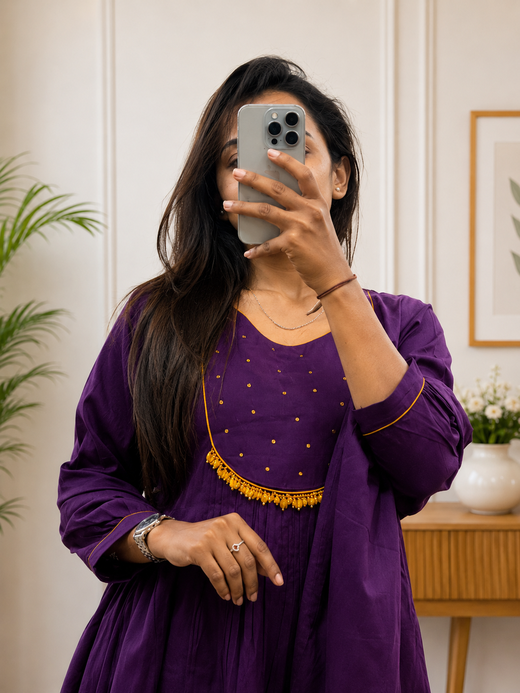 Purple Cotton A-Line Kurta Plazo Duppata Set with Tassles Look for Women