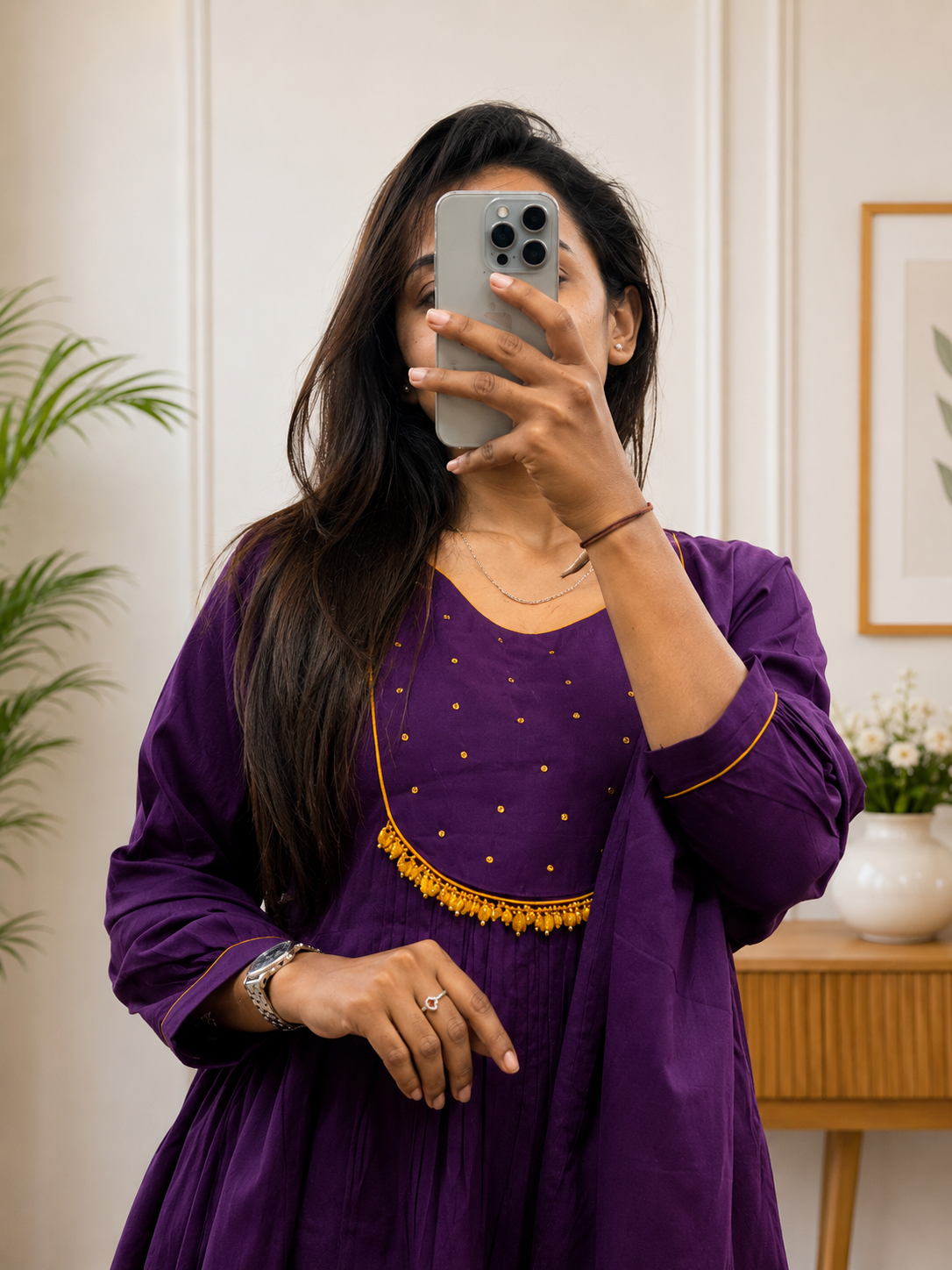 Purple Cotton A-Line Kurta Plazo Duppata Set with Tassles Look for Women