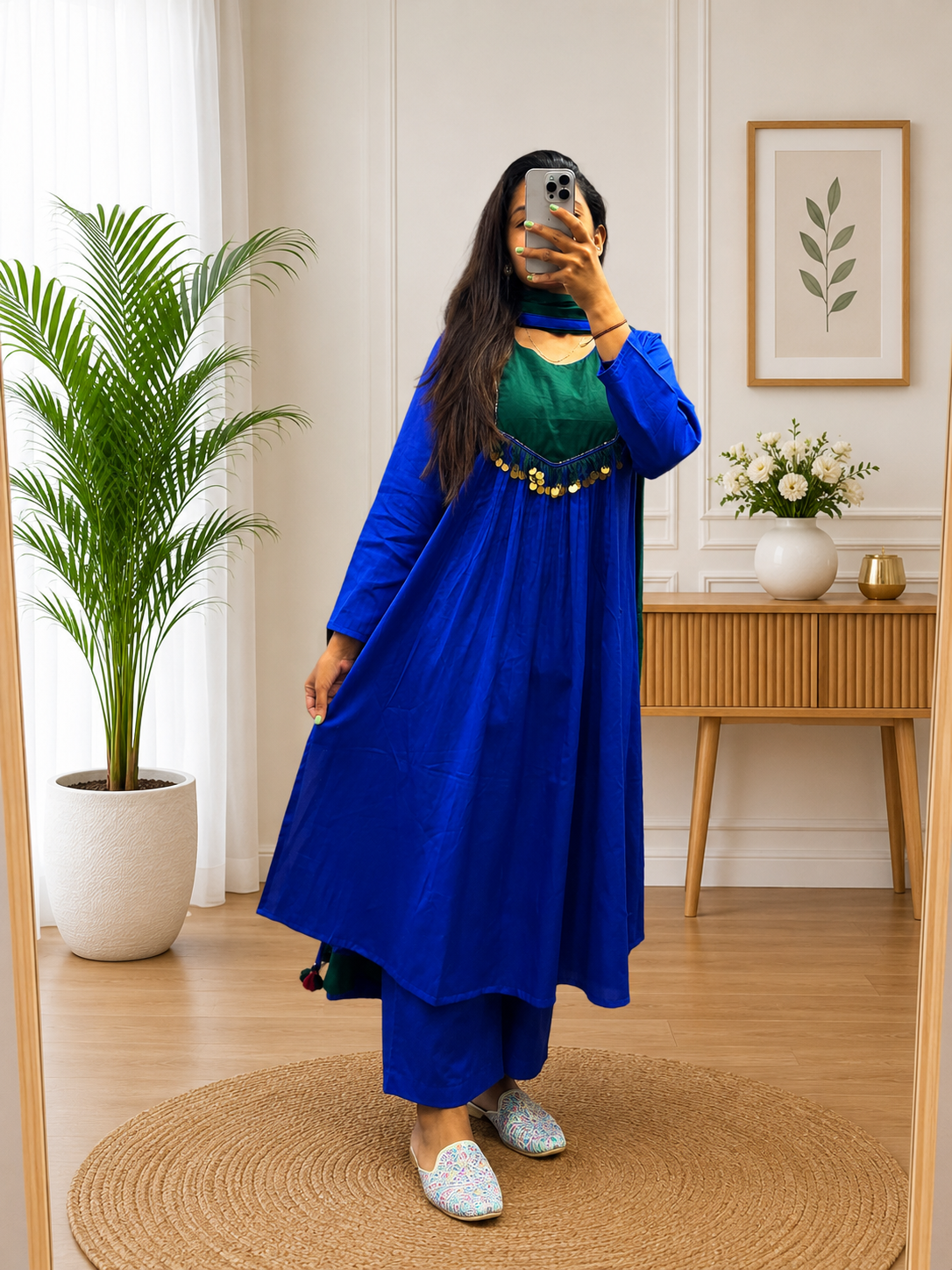 Royal Blue Cotton A-Line Kurta Plazo Dupatta Set with Tassels Look