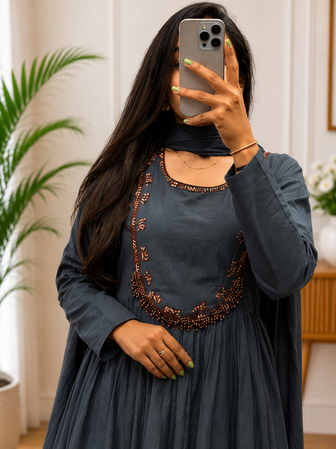 Grey Cotton Anarkali Kurta Plazo Dupatta Set with Heritage Hand Work