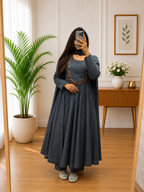 Grey Cotton Anarkali Kurta Plazo Dupatta Set with Heritage Hand Work
