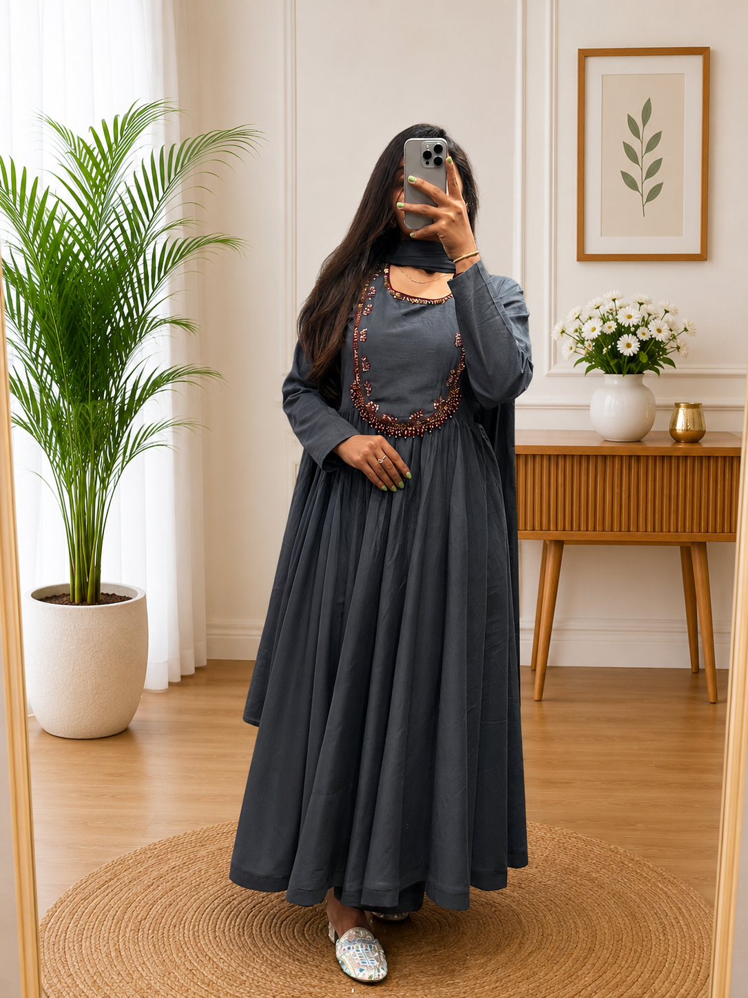 Grey Cotton Anarkali Kurta Plazo Dupatta Set with Heritage Hand Work
