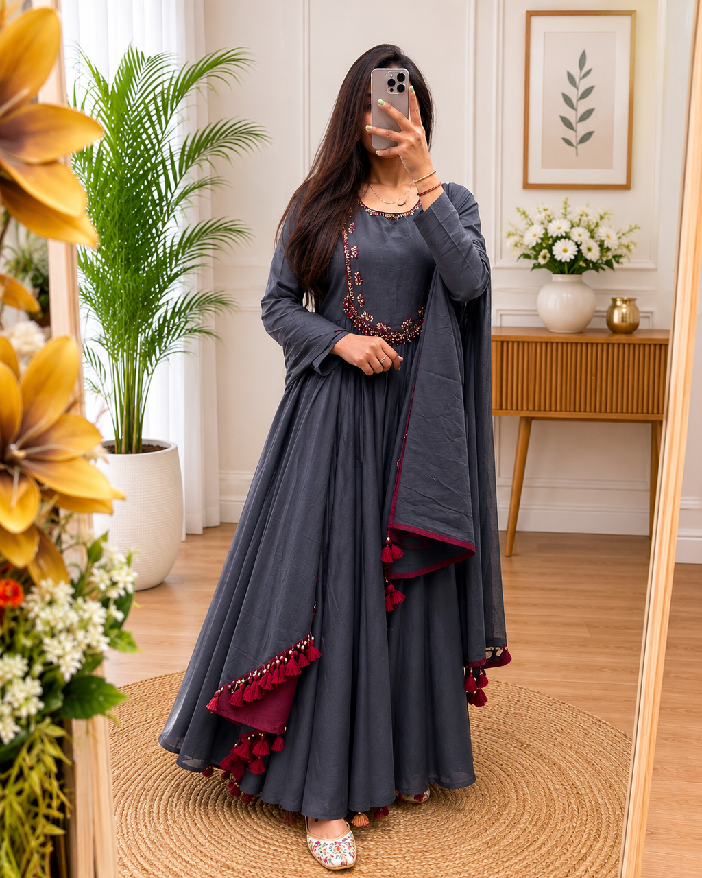 Grey Cotton Anarkali Kurta Plazo Dupatta Set with Heritage Hand Work