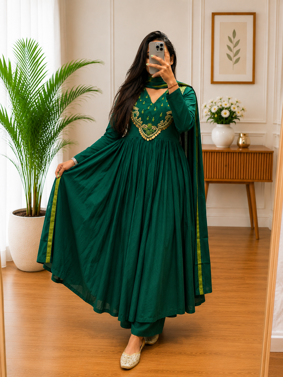 Emerald Green Cotton Anarkali Kurta Plazo Dupatta Set with Heritage Hand Work