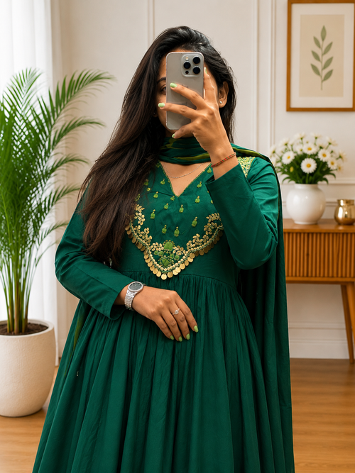 Emerald Green Cotton Anarkali Kurta Plazo Dupatta Set with Heritage Hand Work