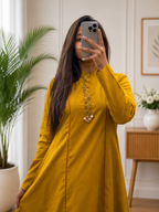 Mustard Yellow Cotton A-Line Kurta Plazo Set With Beads Work for Women | Elegant Ethnic Wear