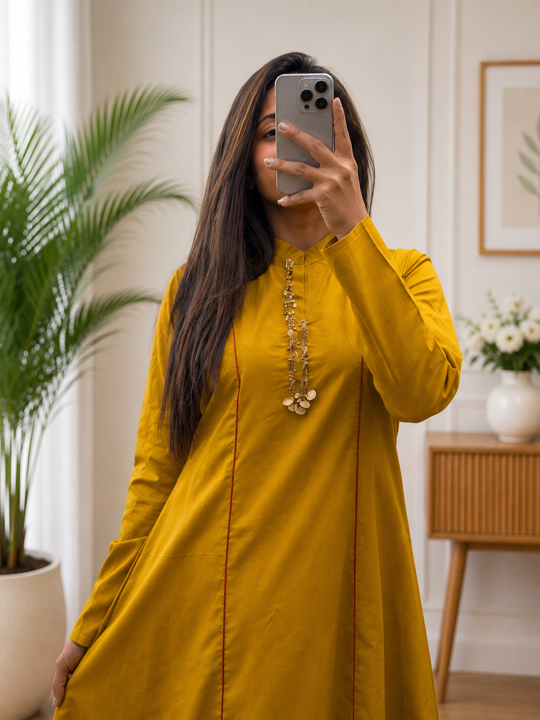 Mustard Yellow Cotton A-Line Kurta Plazo Set With Beads Work for Women | Elegant Ethnic Wear