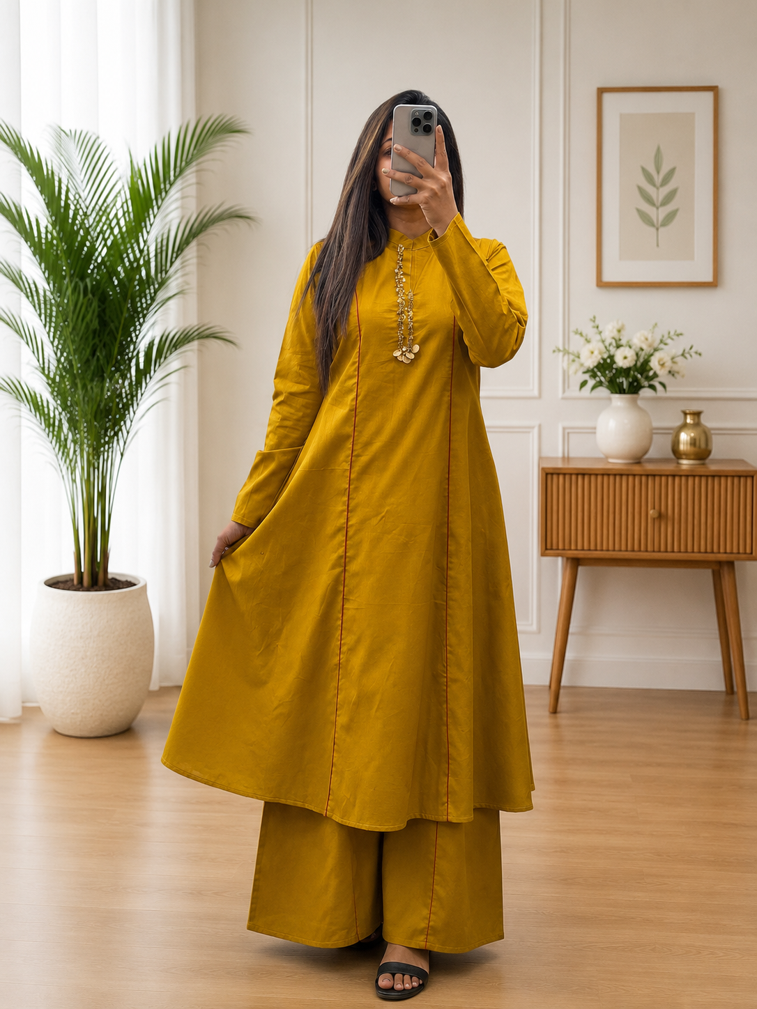 Mustard Yellow Cotton A-Line Kurta Plazo Set With Beads Work for Women | Elegant Ethnic Wear