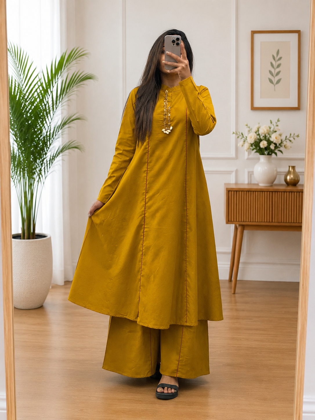 Mustard Yellow Cotton A-Line Kurta Plazo Set With Beads Work for Women | Elegant Ethnic Wear