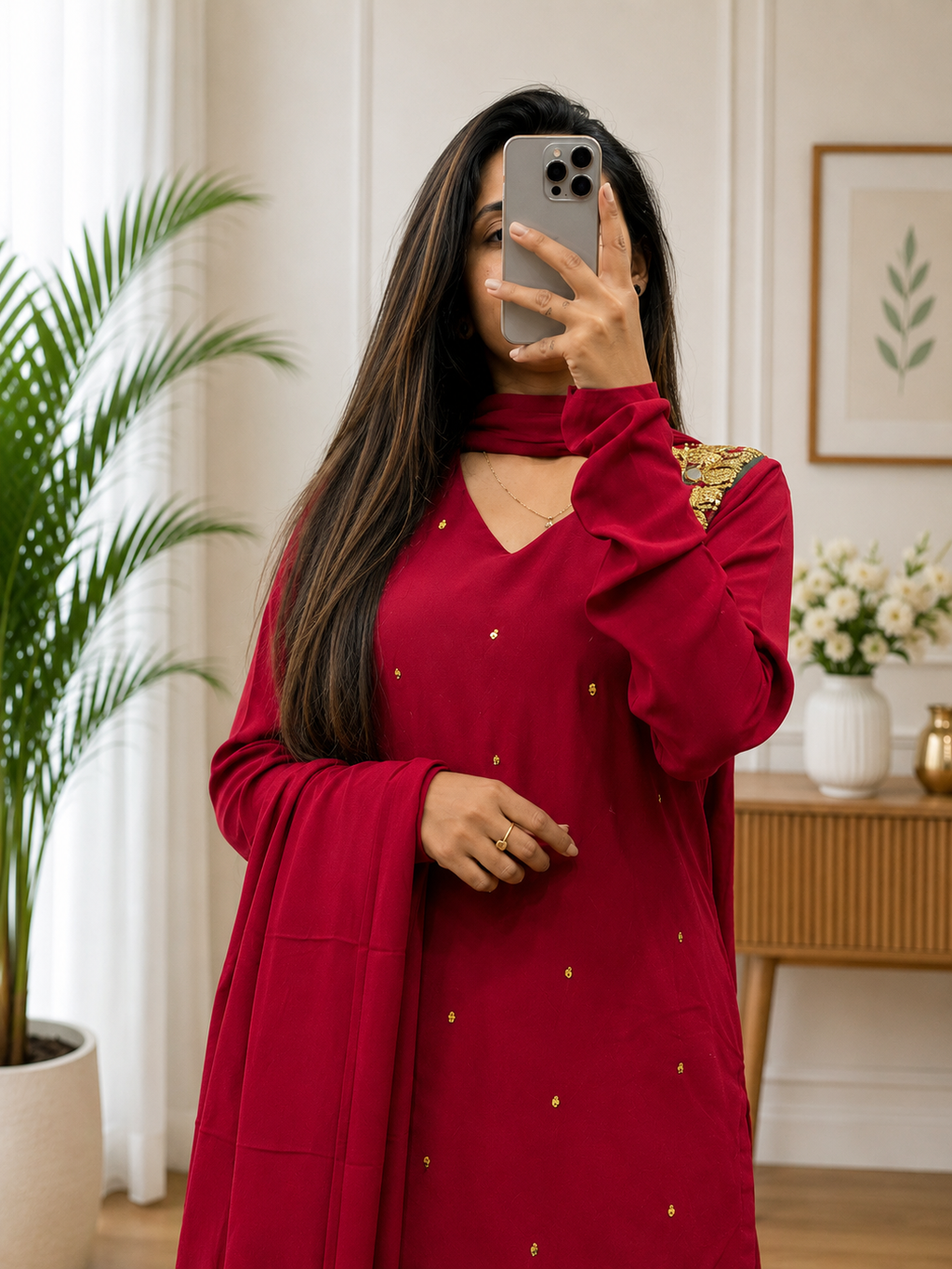 Women Cherry Color Western Look Short Top Plazo Dupatta Set With Metal Work For  Women | Elegant Festive Ethnic Wear